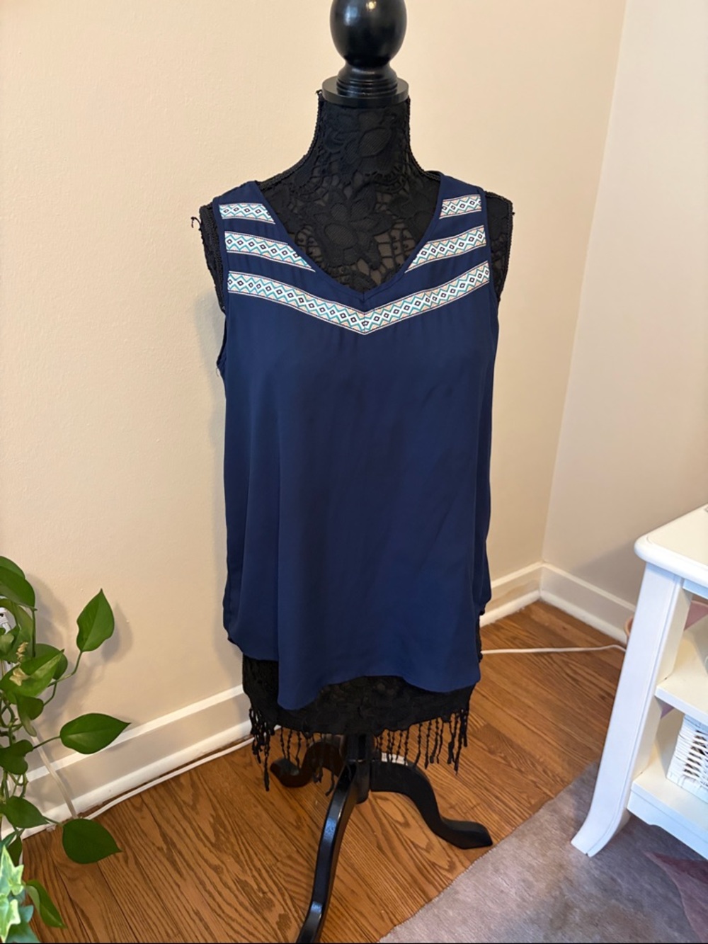 Navy Sleeveless Embroidered V-Neck Women's Top